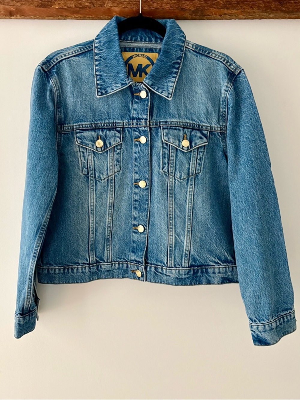 Michael Kors—Denim Jean Jacket, Boxy Fit Gold Tone Buttons (Medium Wash, Large)